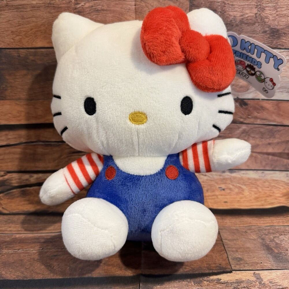 NWT Sanrio Hello Kitty Overalls Plush Toy Stuffed Animal 8.5" Red Blue New Tag